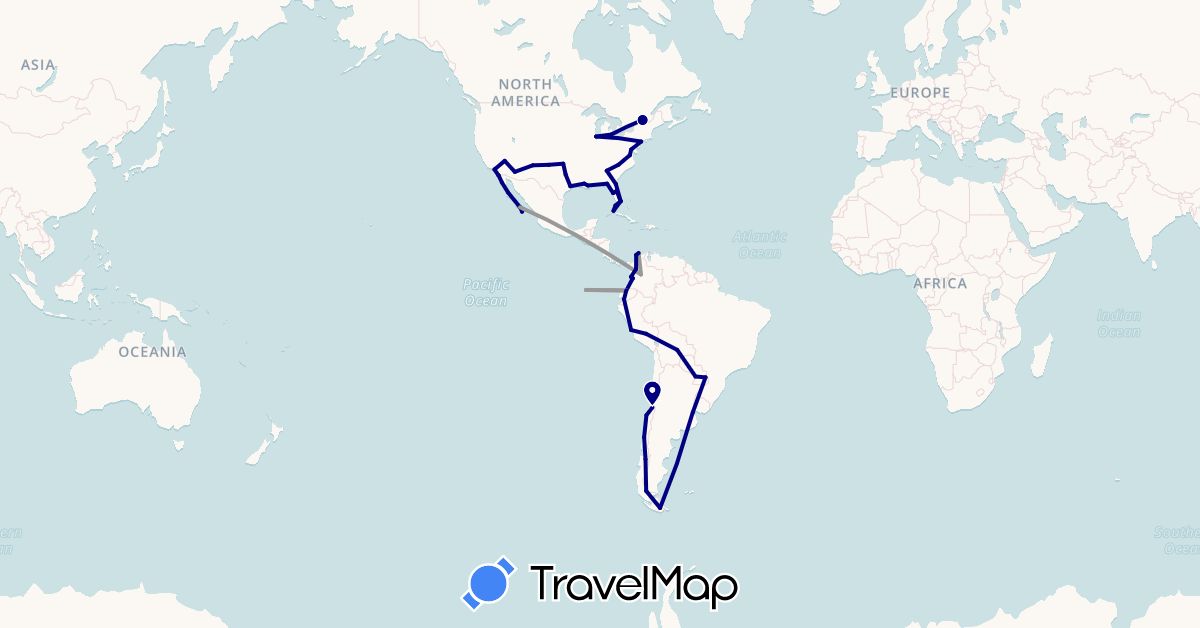 TravelMap itinerary: driving, plane in Argentina, Bolivia, Canada, Chile, Colombia, Cuba, Ecuador, Mexico, Peru, Paraguay, United States (North America, South America)